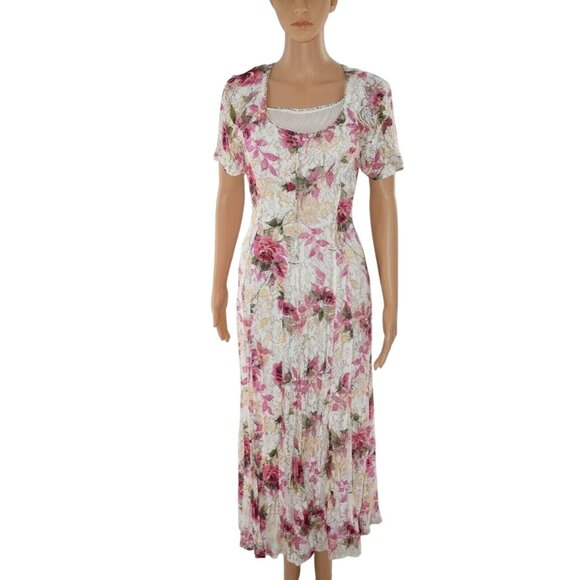 Vintage 90s Sheer Floral Dress Lace Sweeping CottageCore Festival Cream Pink Max - Picture 6 of 9